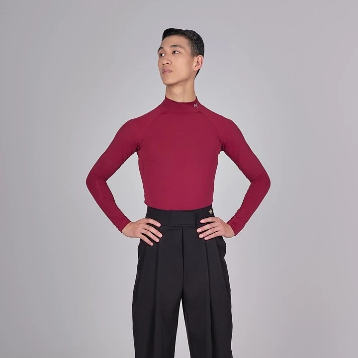 男士摩登舞高领长袖MY009酒红色裸感面料弹性专业 建议拍大一码