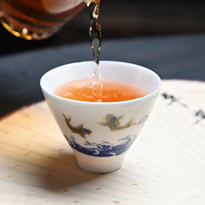 高端海浪斗笠杯白瓷茶杯羊脂玉陶瓷茶杯主人杯品茗杯单个茶杯个人