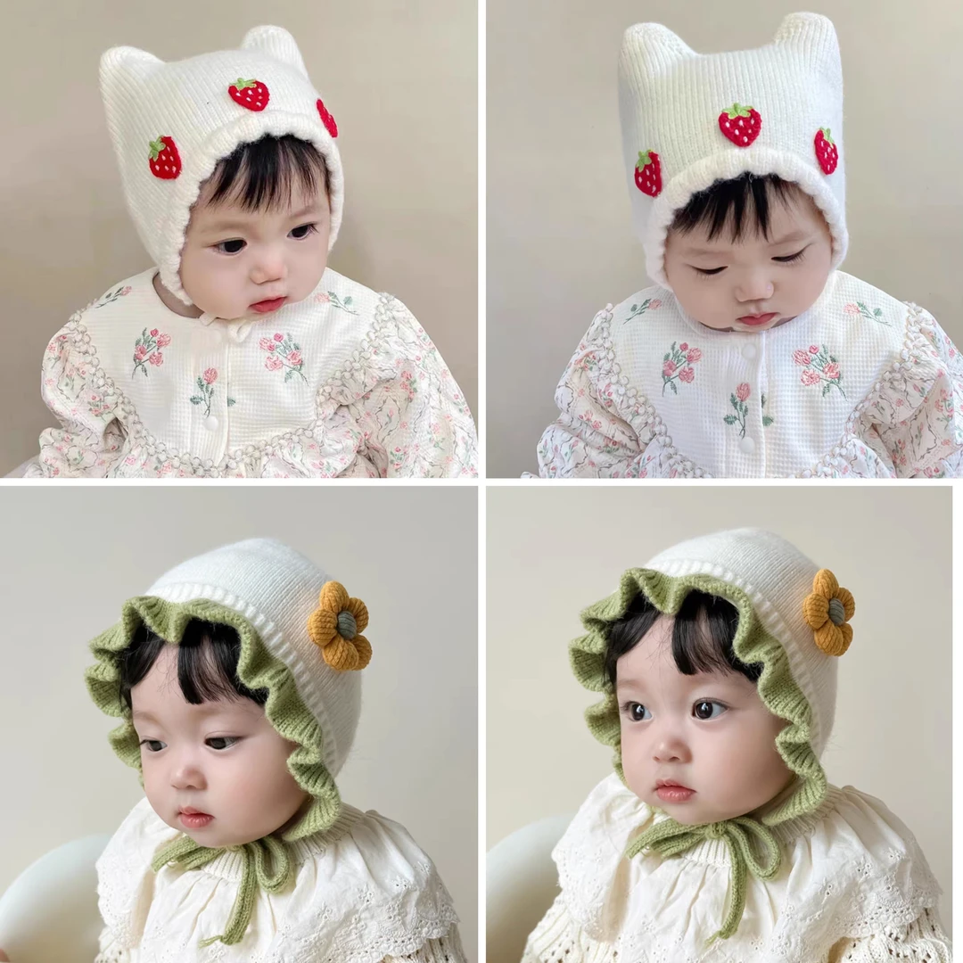 ins婴儿帽子韩版耳朵尖尖帽可爱超萌小草莓宝宝针织毛线帽套头帽
