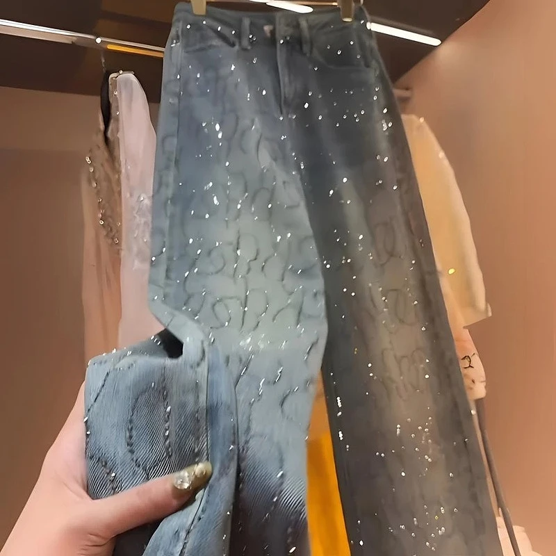 蓝色烫钻牛仔裤女2025秋冬新款重工高级感百搭高腰显瘦宽松直筒裤