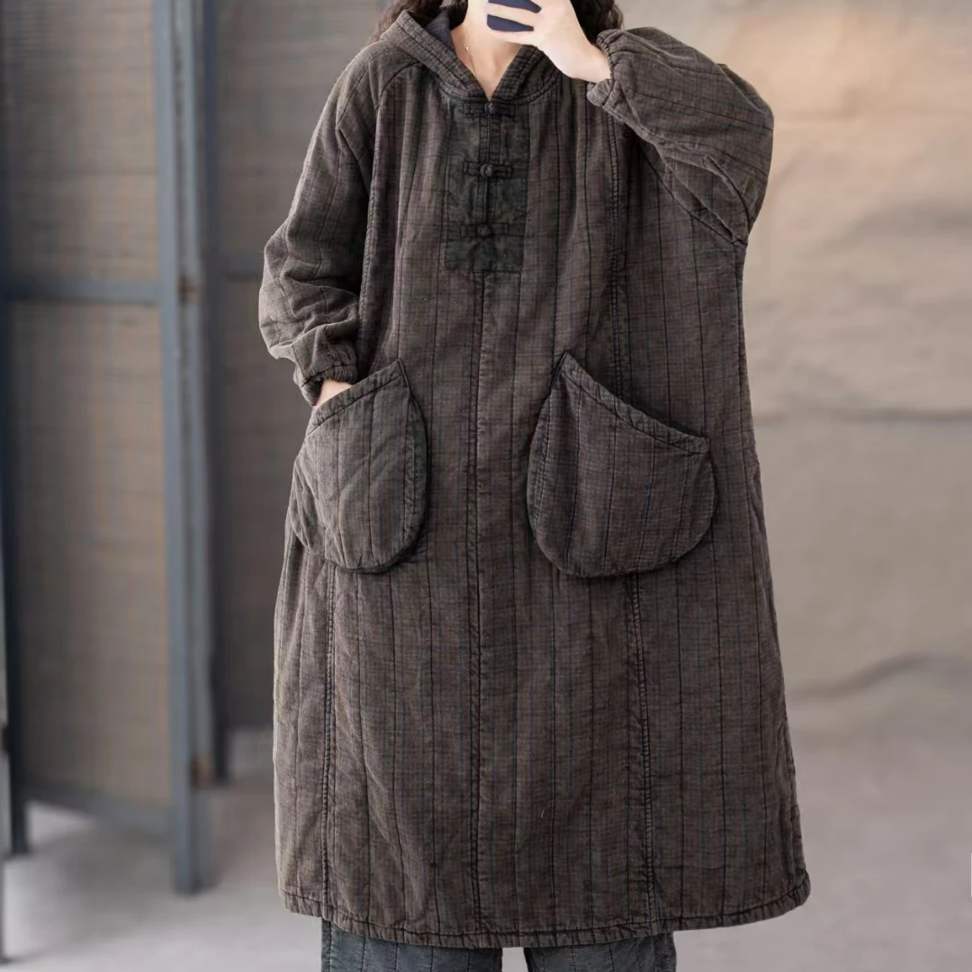 麻料炒色做旧加厚绗棉连帽休闲大版宽松冬季长袍连衣裙