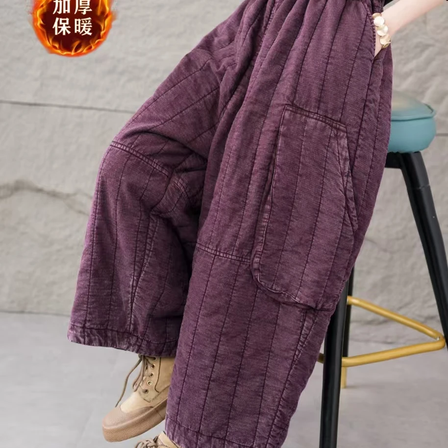 炒色绗棉保暖冬季加厚多袋松紧腰宽松休闲裤