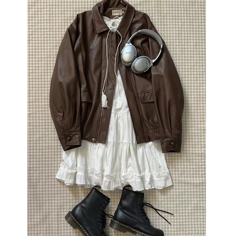 复古棕色皮衣外套女2023新款春秋季网红宽松高街感机车美式皮夹克