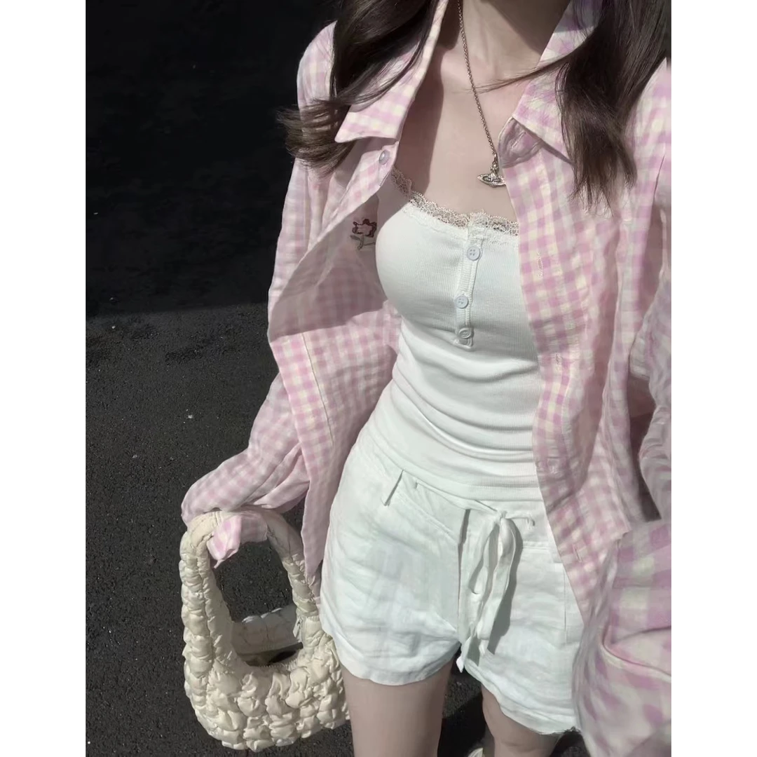 宽松上衣防晒衬衣格子新款外搭开衫粉色格纹衬衫外套女早秋装慵懒