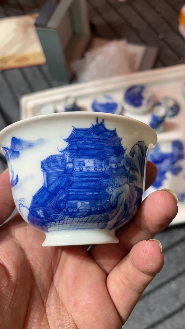 手工手绘滕王阁二才盖碗