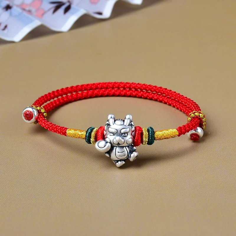 非金属婚庆饰品 999足银龙本命年手绳纯银送财龙精编绳脚链情侣款