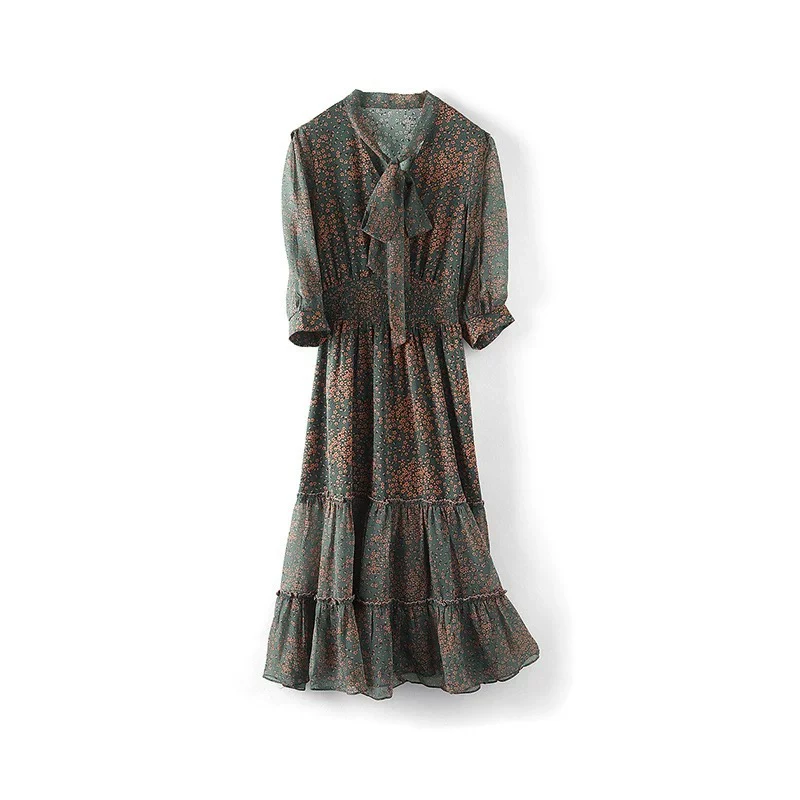 [A980两色碎花连衣裙]复古长款夏季春季印花