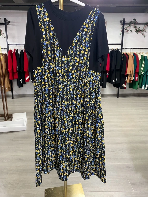 [A164拼接碎花连衣裙]女士显瘦气质绿色