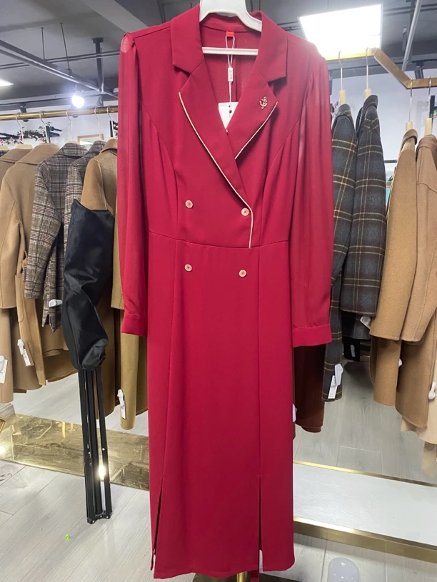 [A19红色长袖连衣裙]春季设计师收腰女士显瘦网红