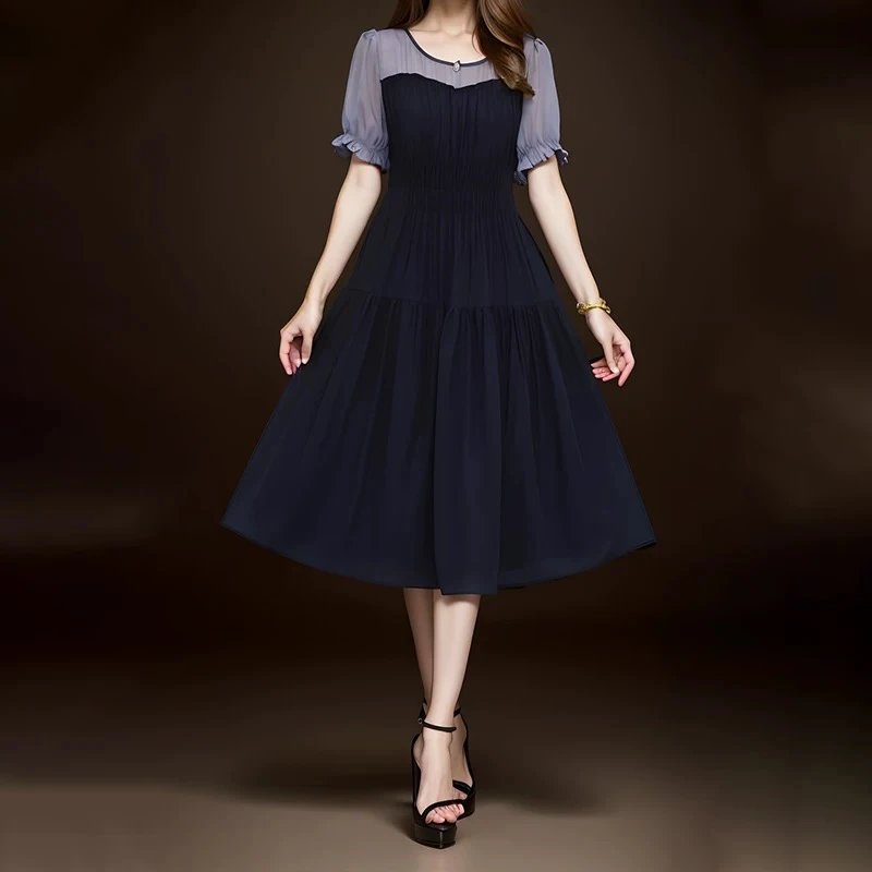 [A616灰咖假两件连衣裙]洋气遮肚夏季收腰休闲