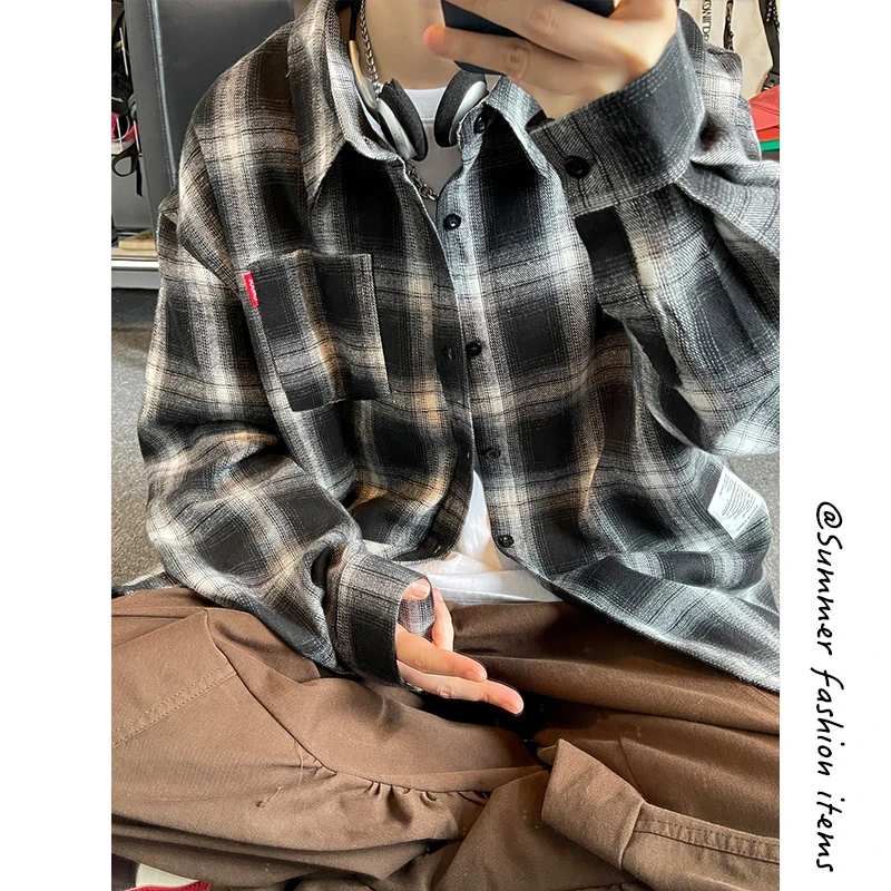 日系复古格子长袖衬衫男女秋冬季宽松休闲学院风宽松休闲衬衣外套