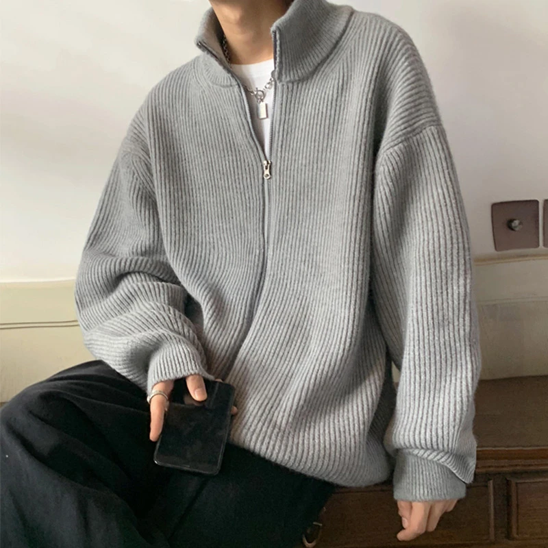 慵懒风毛衣开衫男秋冬加绒加厚纯色百搭休闲针织衫青少年立领外套