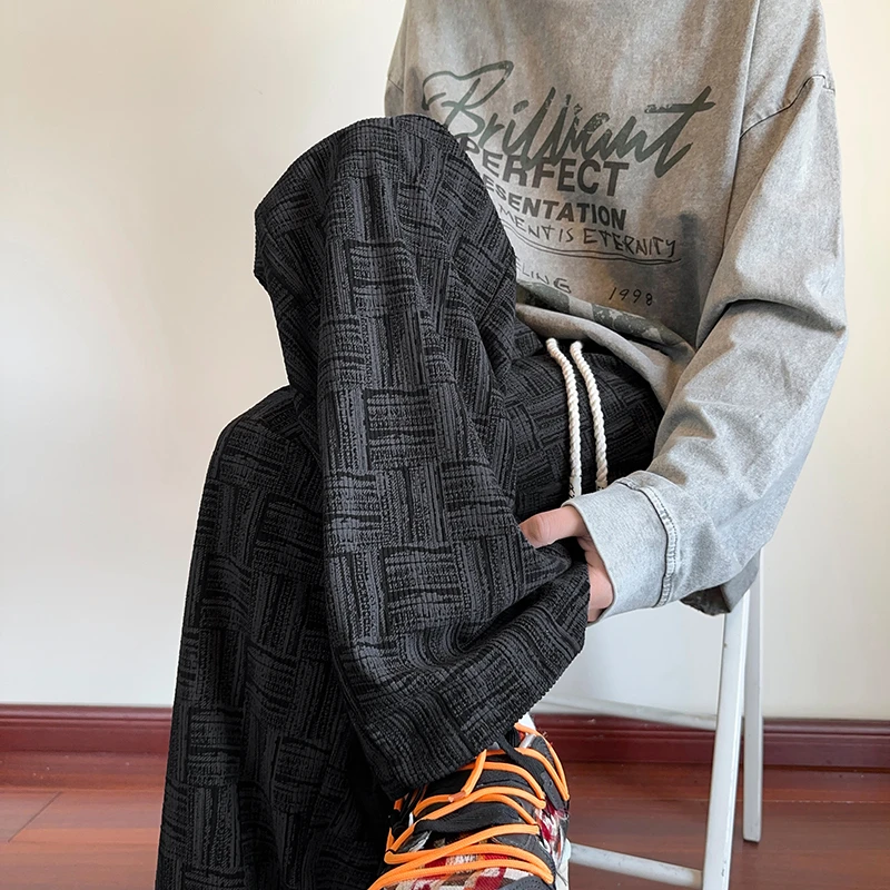 格子重磅卫裤男生秋冬加绒垂感阔腿运动裤子潮牌宽松直筒休闲长裤