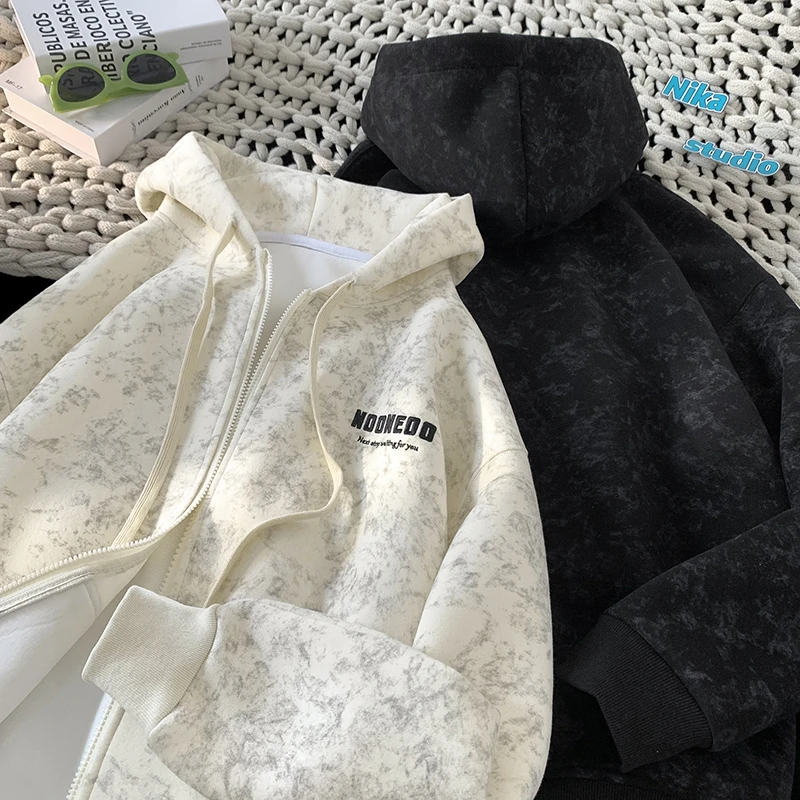 刺绣扎染脏脏开衫卫衣男春秋季美式复古高街休闲400g重磅连帽上衣