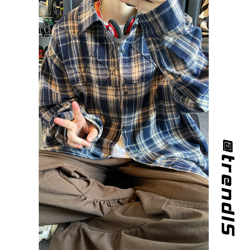 设计感蓝色格子衬衫男春秋季美式复古情侣休闲衬衣高级感痞帅外套