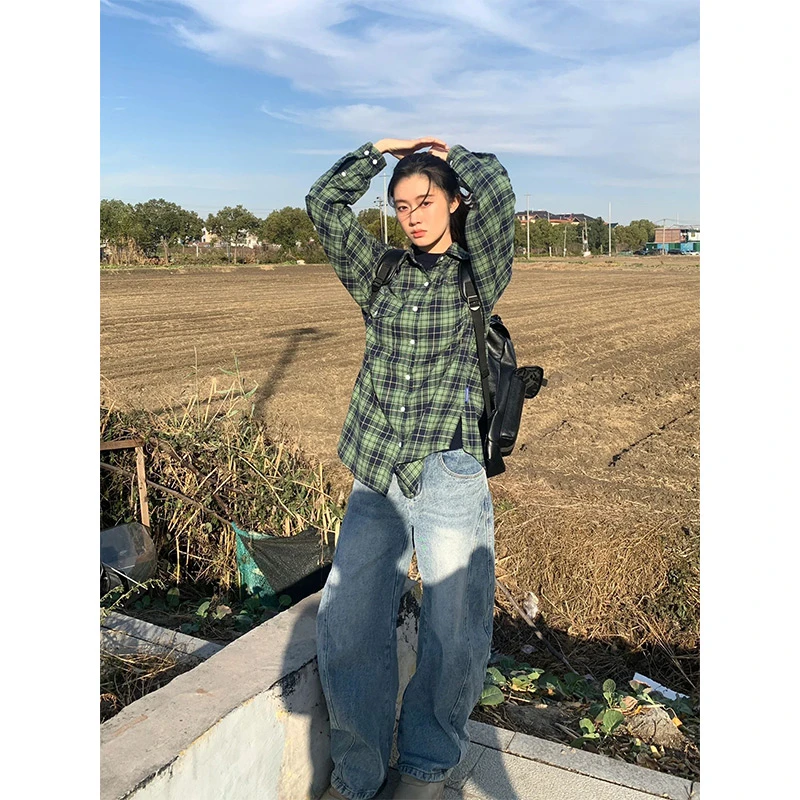 抹茶绿格子衬衫男款长袖夏季美式复古vintage高级感港风衬衣外套