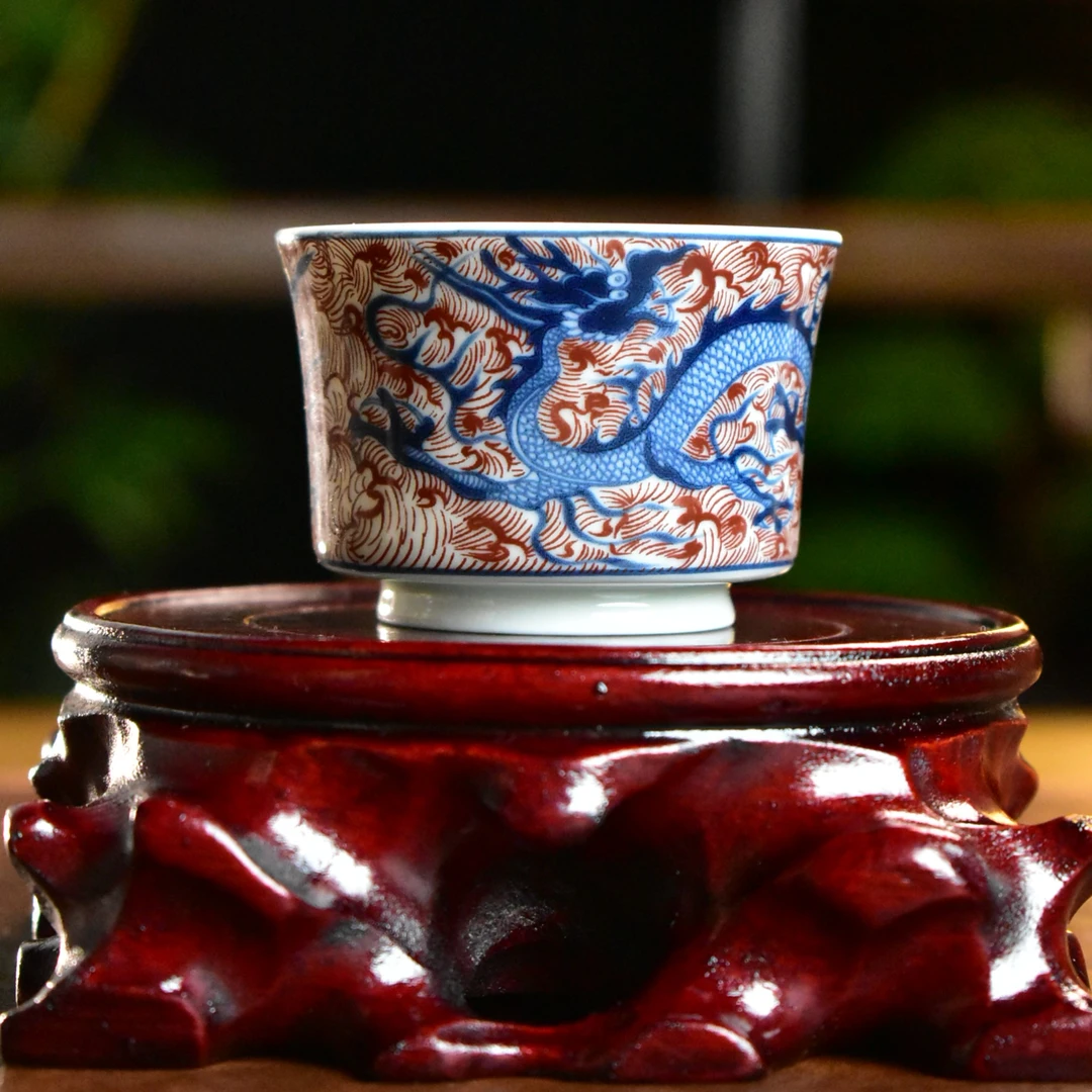 【两只装】景德镇茶具元龙客杯仿古泥釉下彩釉里红客杯青花瓷茶具