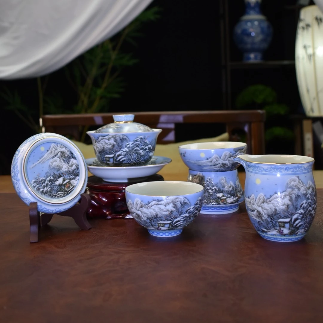 【五件套】景德镇茶具瑞雪兆丰年仿古泥釉上粉彩家用高档茶具茶器