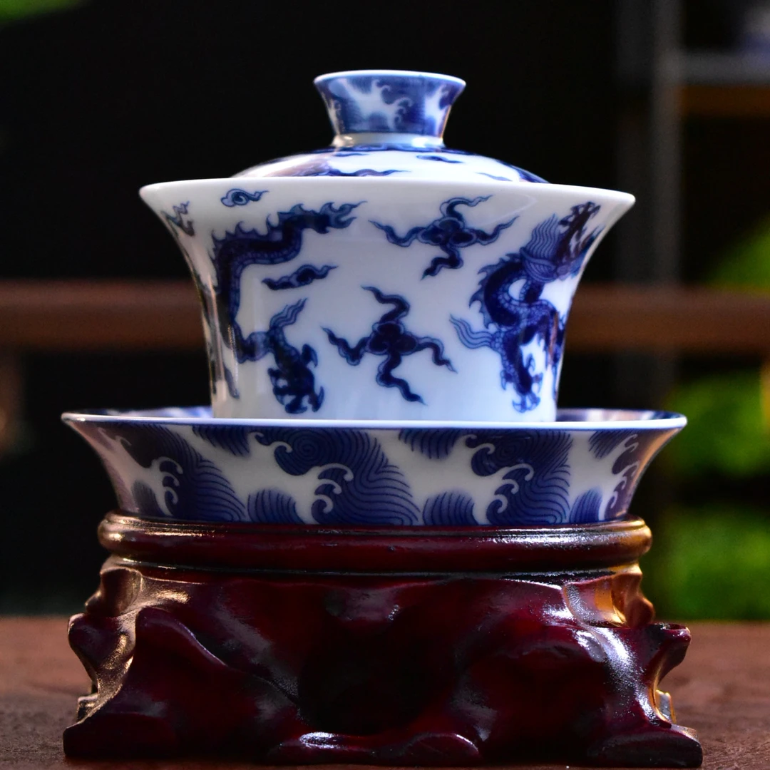景德镇茶具明宣德青花龙纹仿古泥釉下青花三才盖碗高档青花瓷器