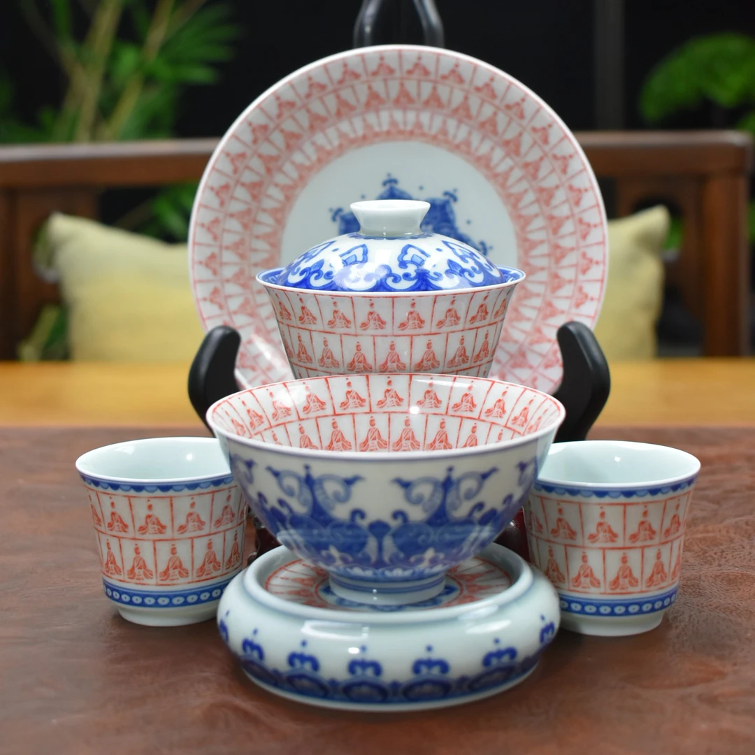 【六件套】景德镇茶具青花釉里红千佛仿古泥釉下彩高档茶具青花瓷器