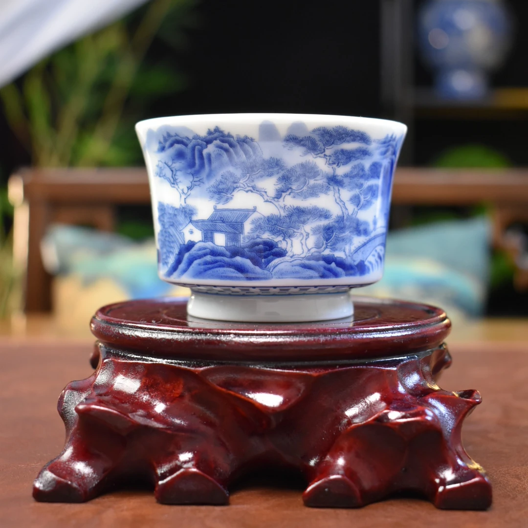 景德镇茶具 山水之巅 仿古泥釉下彩主人杯青花 家用高档茶具茶器