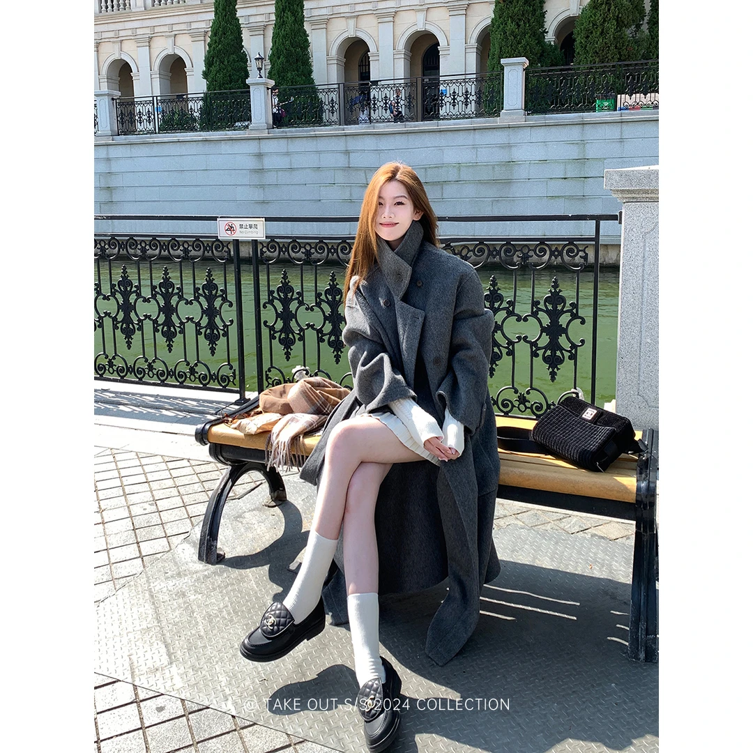 外卖到了【松弛收藏家】高端线黑色羊毛大衣女冬毛呢外套秋冬穿搭