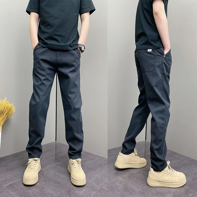 春秋潮流百搭弹力休闲裤男士痞帅宽松抽绳纯色长裤青年时尚直筒裤