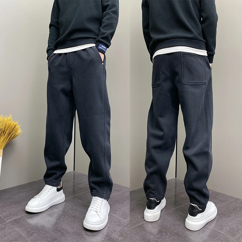 2024年冬季加绒加厚潮流韩版痞帅束脚宽松哈伦青年男士休闲牛仔裤