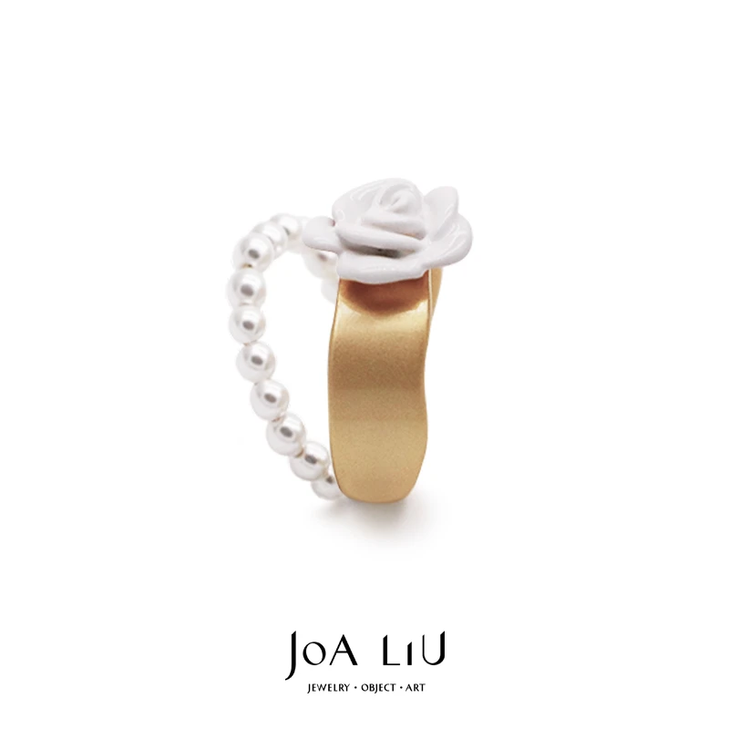 JOA LIU 铜合金仿珍珠戒指 白玫瑰珍珠开口戒子可爱少女法式饰品