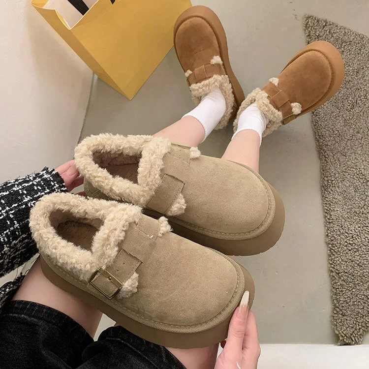 女款冬季加绒厚底雪地靴保暖棉鞋一脚蹬复古勃肯鞋