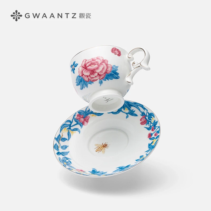 【观瓷艺述】牡丹花开陶瓷杯碟精致陶瓷杯碟套装节日礼物咖啡杯碟