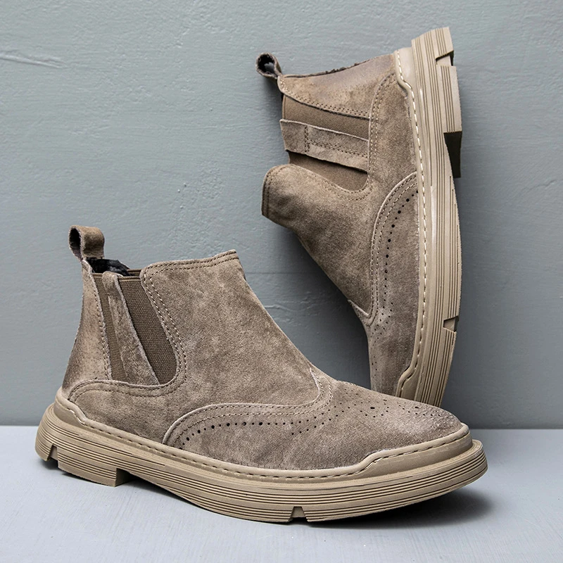 春夏马丁靴男英伦磨砂真皮透气布洛克男靴子中帮百搭套脚切尔西靴