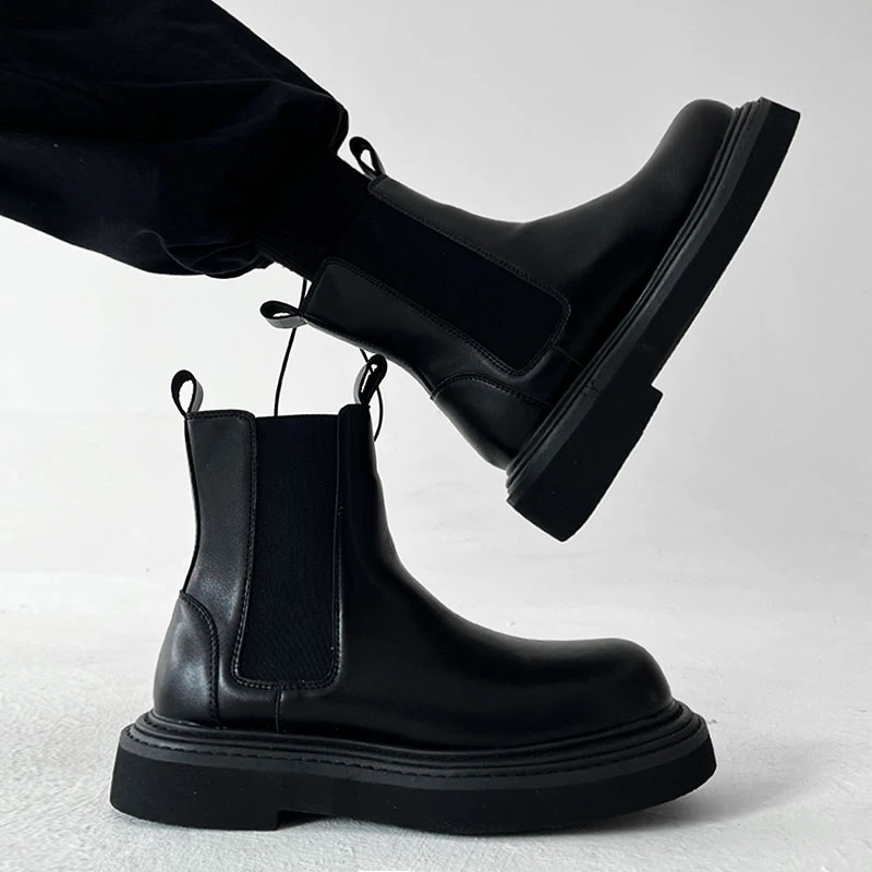 英伦风真皮切尔西靴男潮高级感烟筒马丁靴复古中筒靴厚底高帮皮鞋