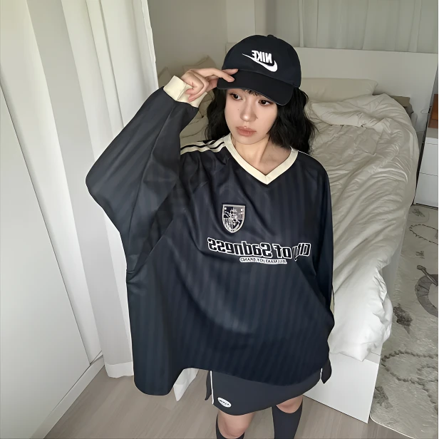 美式复古刺绣V领运动球衣休闲百搭国潮小个子套头长袖卫衣上衣女