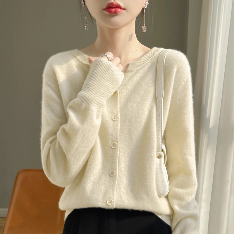 长袖针织衫开衫秋季新款安迪绒圆V领开衫宽松纯色气质百搭时尚