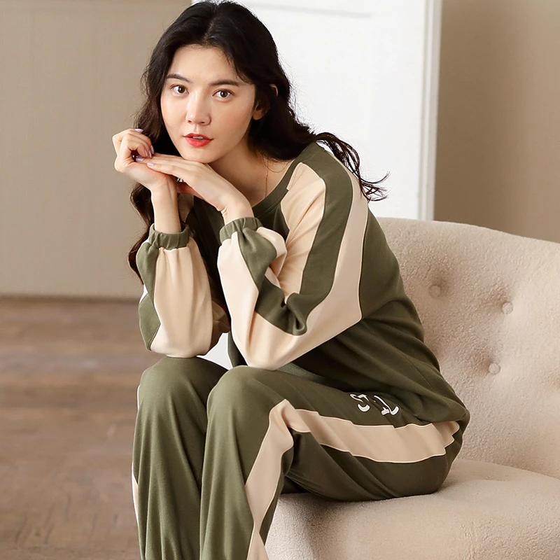 高档纯棉睡衣女春秋款长袖宽松运动可外穿秋冬100%全棉家居服套装