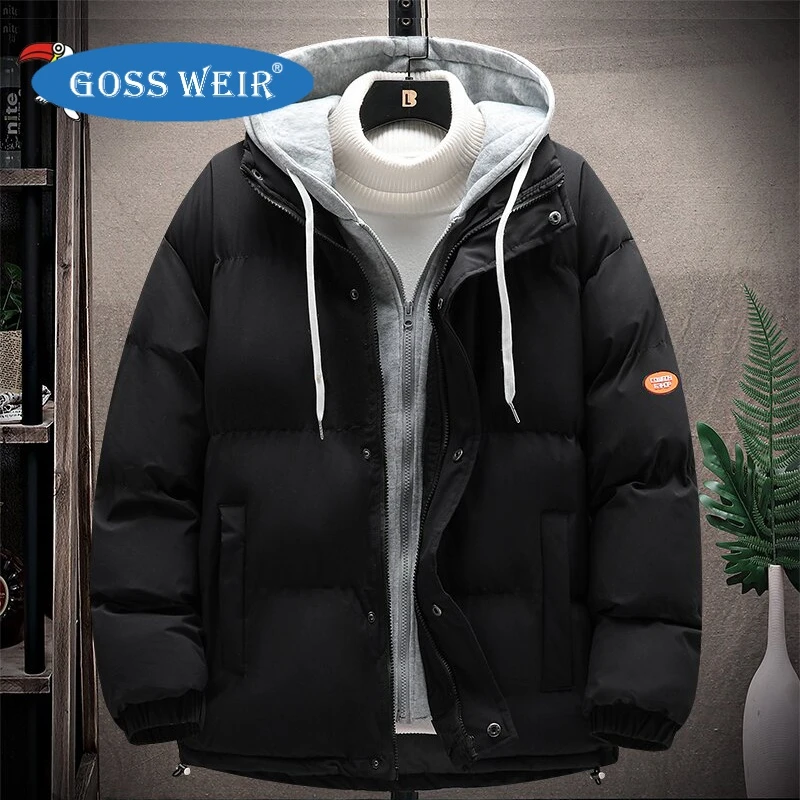 新款棉衣爆款潮牌假两件韩版连帽加厚棉服潮流运动休闲外套