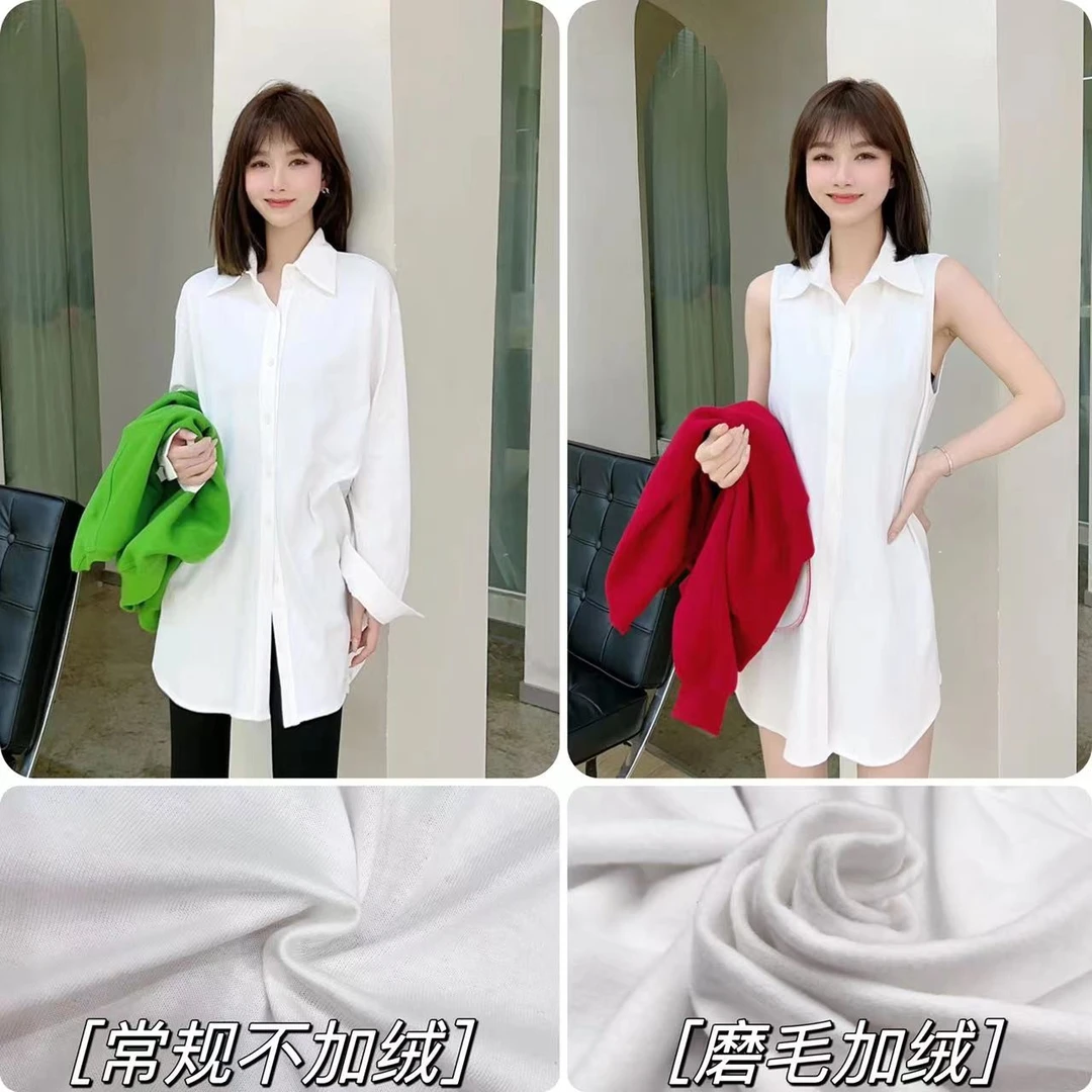 卡卡中长款宽松显瘦长袖白衬衣百搭设计感棉麻衬衫