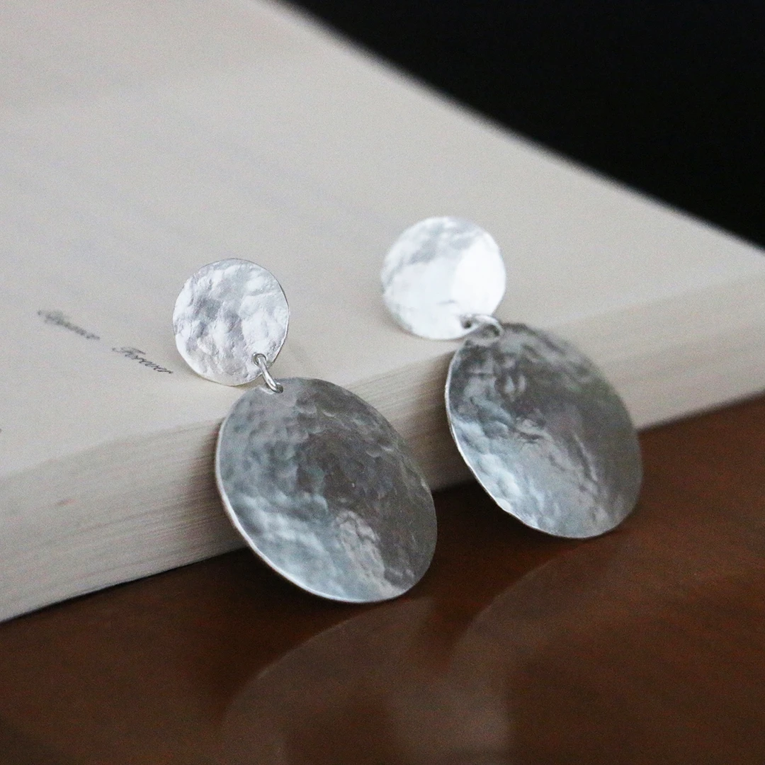 足银耳饰 999纯银手工原创设计双圈深锤纹文艺复古风耳环