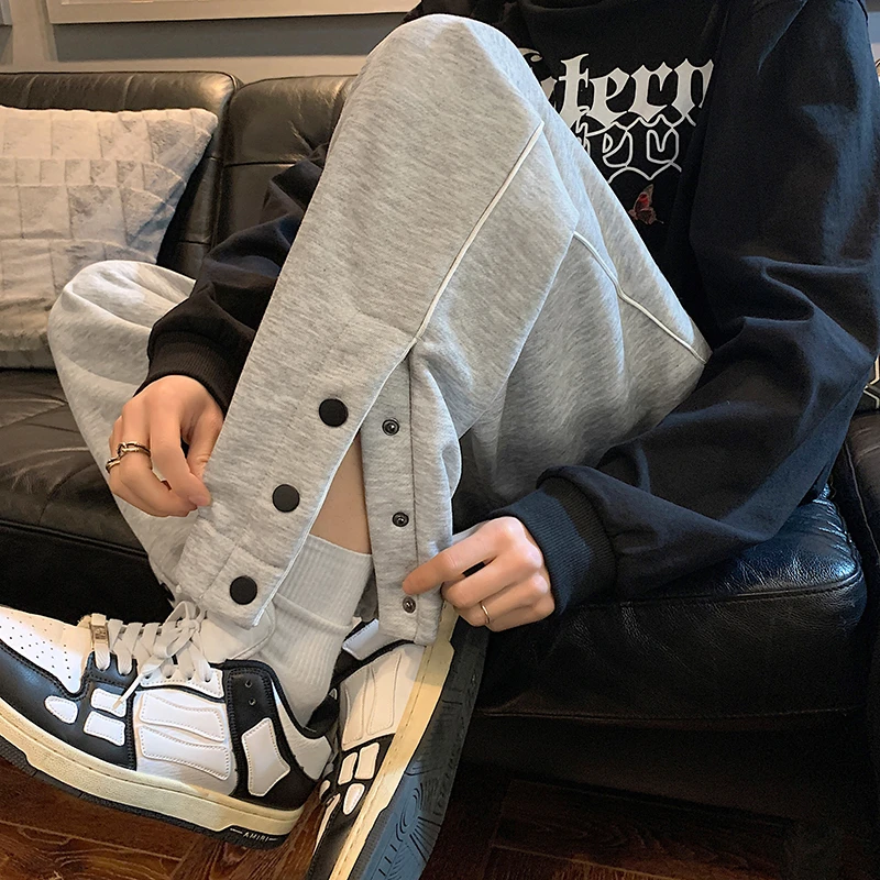 美式排扣裤子男春秋潮牌运动卫裤青少年宽松束脚篮球训练休闲长裤