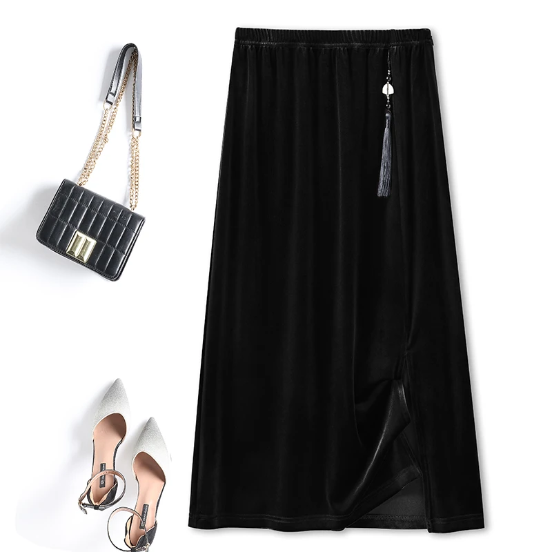 金丝绒中式国风半身裙女2024春秋开叉裙高腰显瘦丝绒中长款直筒裙