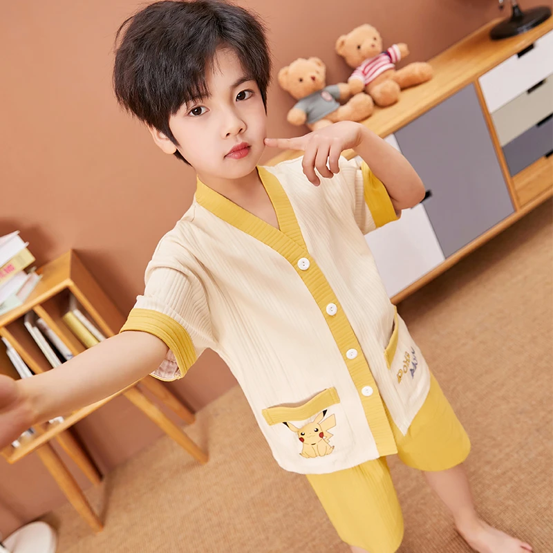 夏季儿童睡衣男童棉质柔软舒适家居服短袖卡通薄款女孩中大童套装