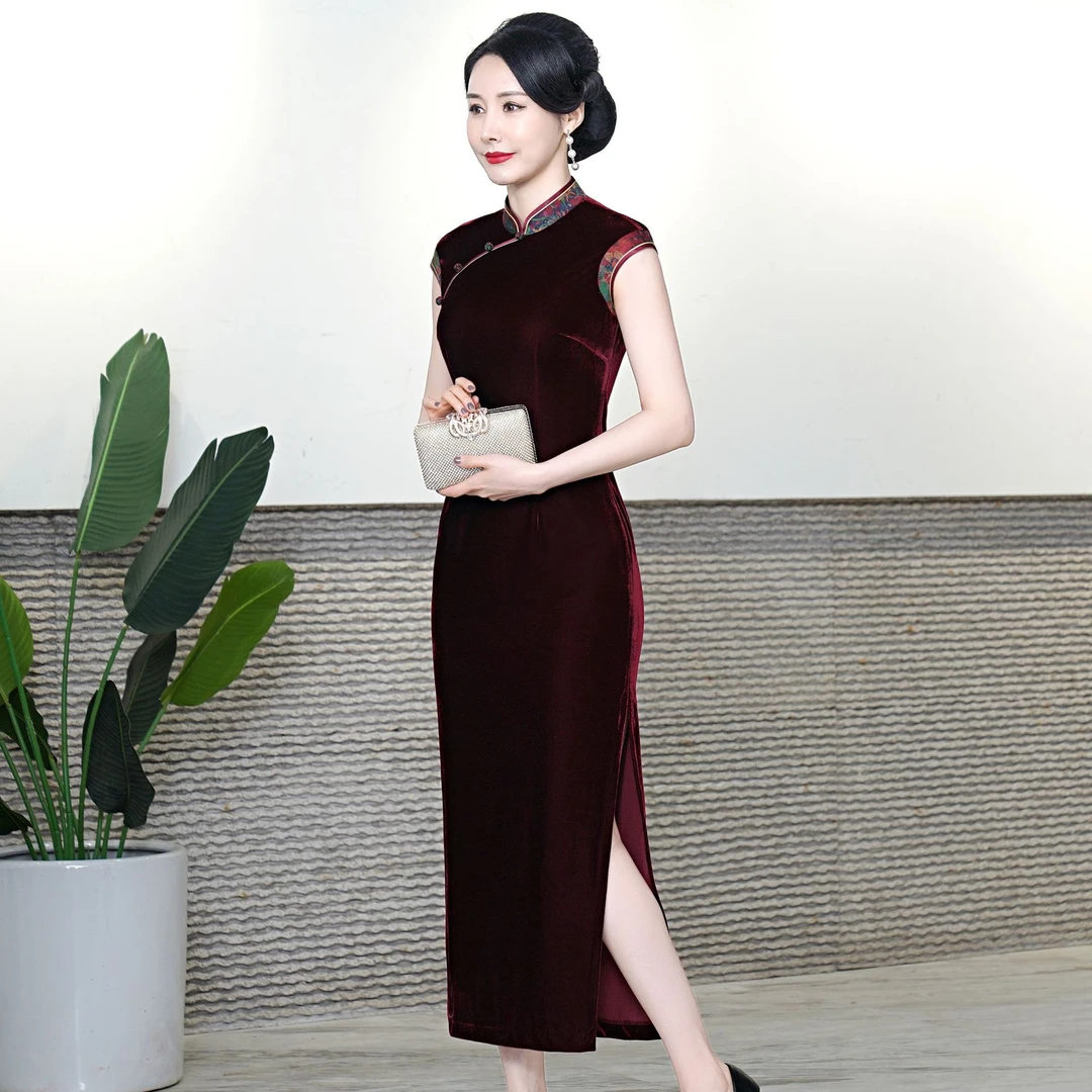 夏季新款改良丝绒旗袍长款无袖拼接显瘦年轻洋气喜婆婆喜妈妈礼服