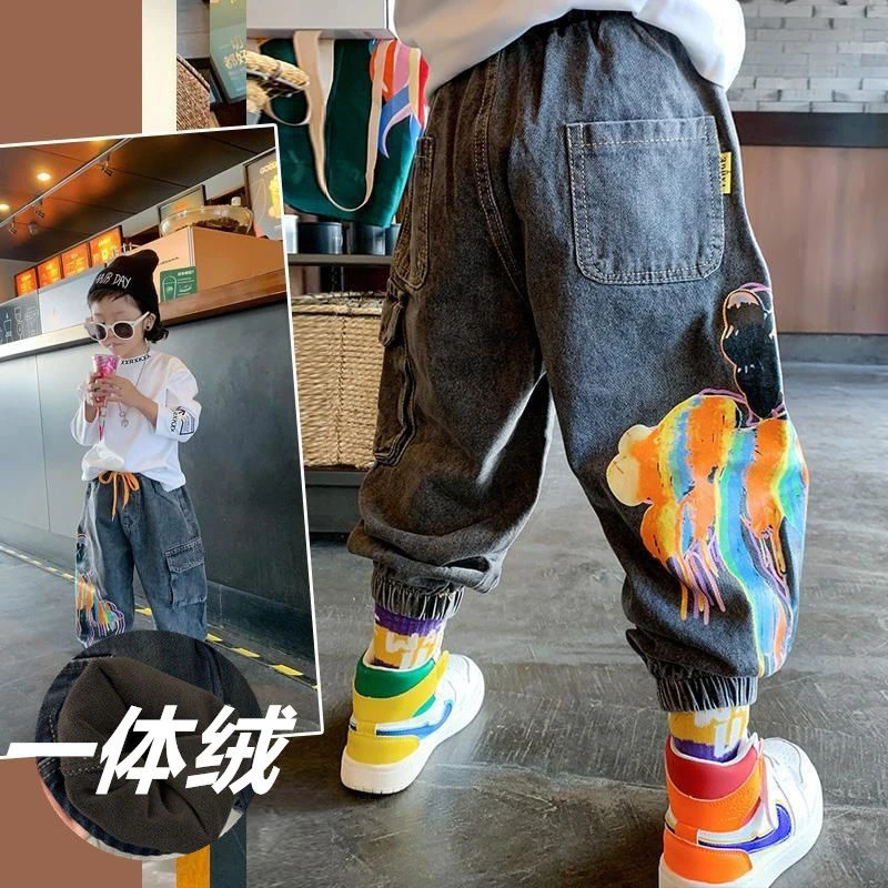 男童牛仔裤春秋款2023新款炸街童裤宝宝儿童秋冬加绒儿童保暖裤潮
