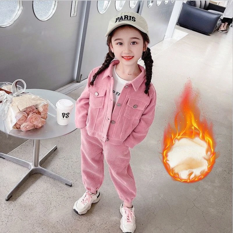 女童秋冬款洋气灯芯绒夹克套装2023春秋新款小女孩加绒加厚俩件套