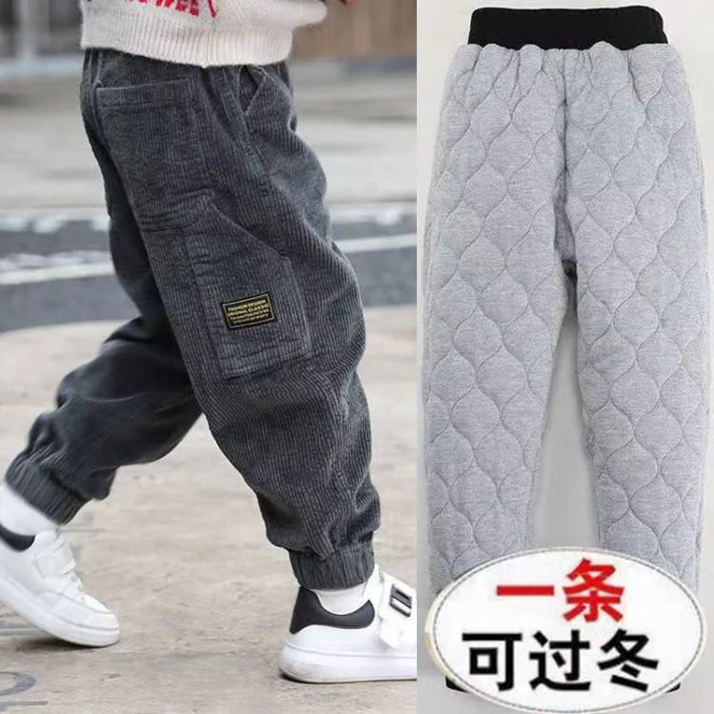 男童秋冬装加绒加厚裤子2023新款中大儿童灯芯绒长裤三层加厚裤