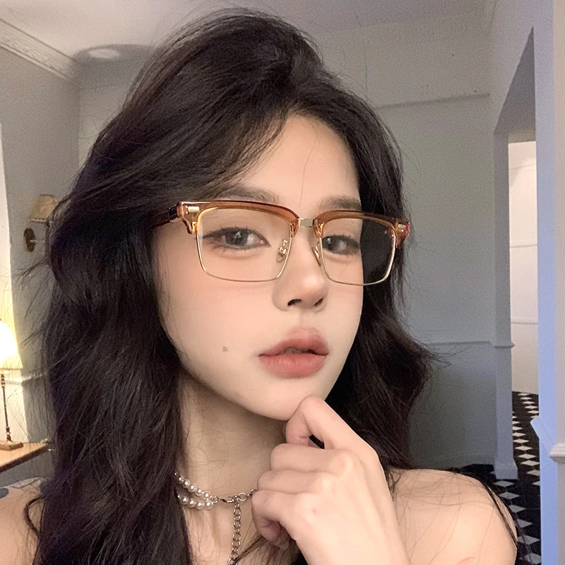 日系复古半框茶色眼镜女潮方圆脸显瘦防蓝光素颜高级感近视镜ins