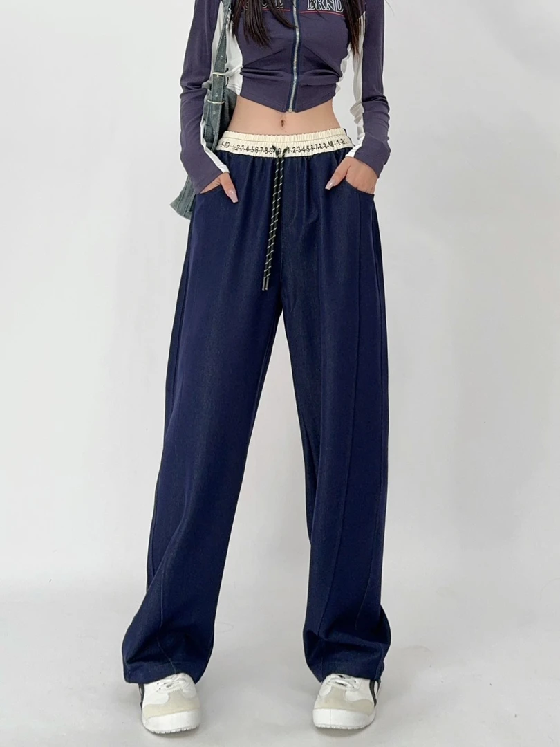 东大门女装 新春女装高腰抽绳宽松牛仔裤 垂感420克面料 8822