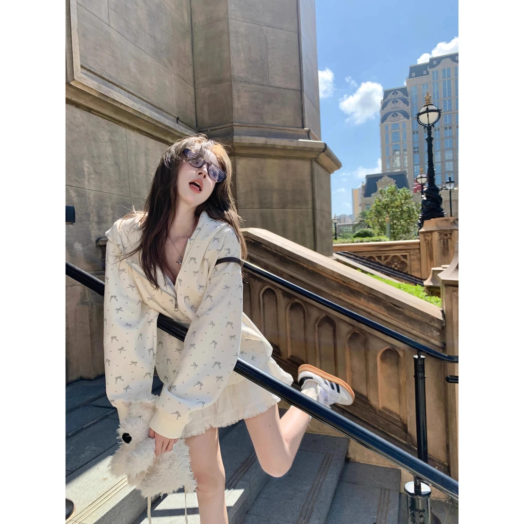 奶fufu连帽碎花卫衣外套女开衫拉链宽松休闲学院风秋冬