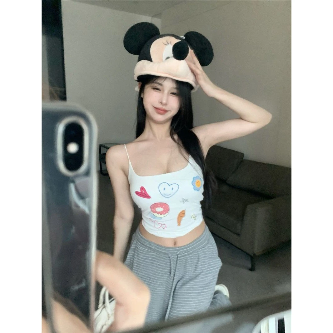 搞怪涂鸦印花U领吊带夏季美背细肩带背心可爱甜辣轻薄莫奈花园风